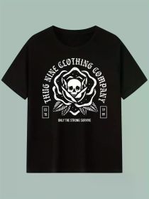 Skull And Roses, Strength And Survival T-Shirt Creative Printing, High-Quality Cotton Round Neck Short-Sleeved T-Shirt (Color: Black, size: XXL)