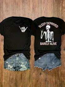 Women'S Personalized T-Shirt with "Sleep Shortage Survival", Front Gesture And Back Skull, Quirky Personality, (Color: Black, size: L)